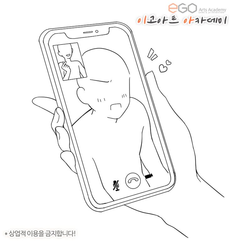 a black and white illustration of a phone in the middle of a video call. the phone is held in a hand and the person on the other side is a cartoon character who looks confused or shocked. there are hearts at the top of the phone, suggesting that the person is in love with or in a relationship with the person on the call.