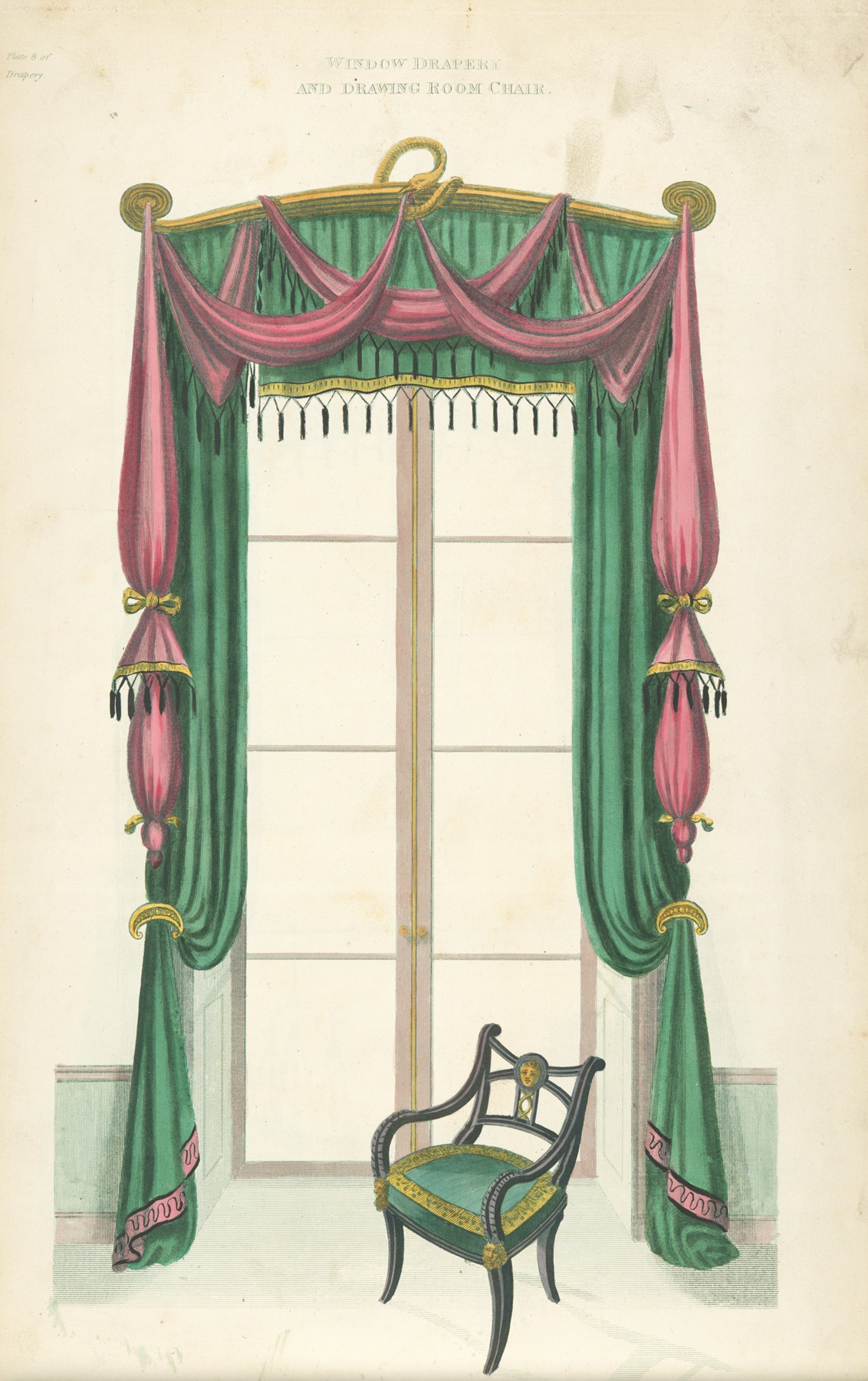 the image is a vintage illustration of window draperies and a drawing room chair, likely from a design catalog or historical document. the window is framed by ornate green and pink drapes with tassels and decorative embellishments. a neoclassicalstyle chair with a green seat sits in front of the window. the overall style is antique and elegant, indicative of a historical interior design aesthetic.