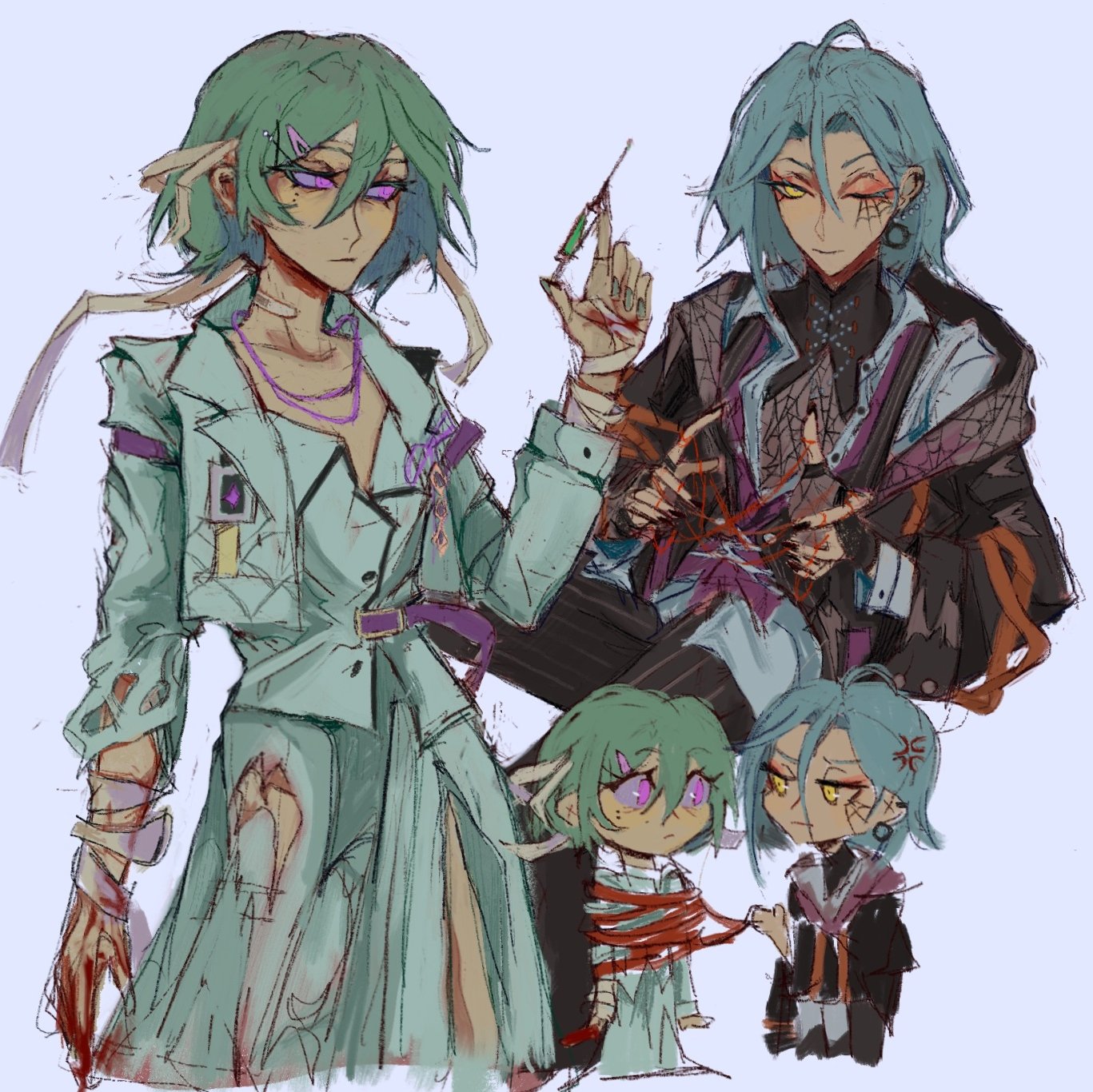the image is a digital drawing in an anime/manga style featuring four characters.  the central figure is a young adult woman with teal hair, wearing a pale teal, damaged suit.  she holds a syringe and appears to be somewhat sinister.  behind her, another tealhaired young adult, dressed in a more gothic style, is shown seemingly stitching or working on something. two smaller characters, possibly children, are shown below, one bound with red string. the overall aesthetic leans towards dark fantasy with pastel elements.  the art style is loose and slightly sketchy, giving it a dynamic feel. the background is a pale, light blue.