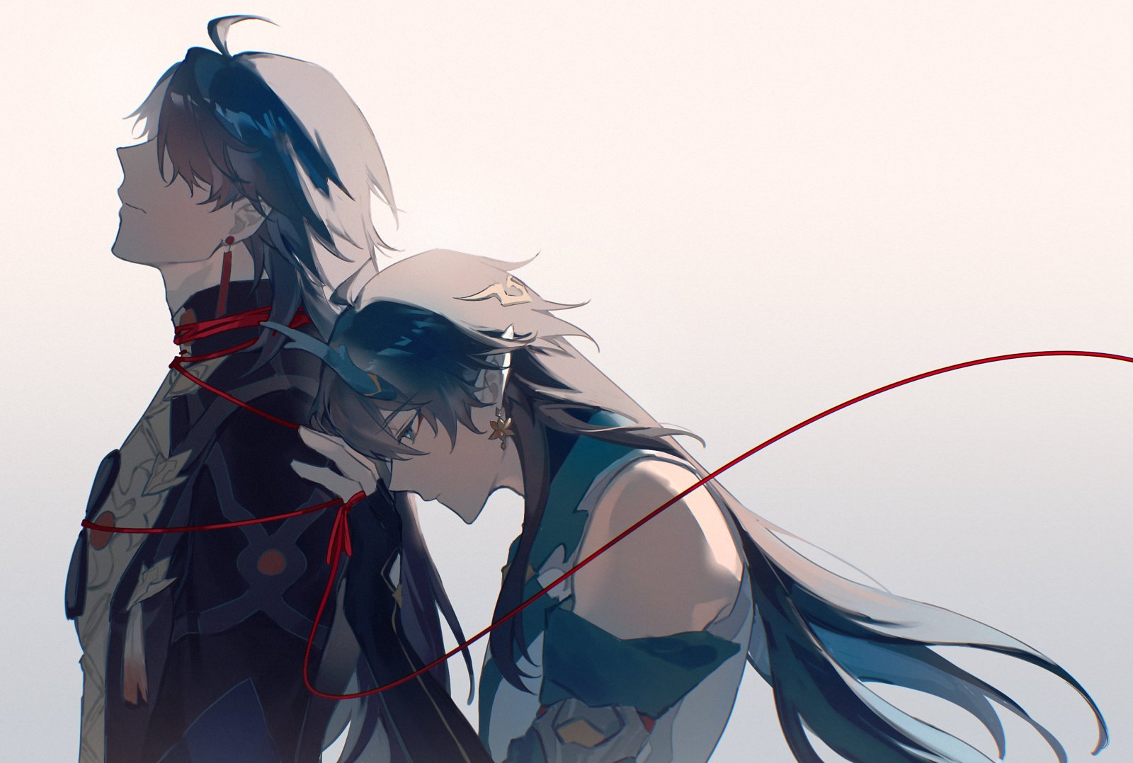 a digital art illustration of itto and ganyu from genshin impact. itto is a tall, strong character with white and blue hair. ganyu has long, flowing blue hair and a more delicate figure. they are connected by a red string of fate, suggesting their destiny to be together.