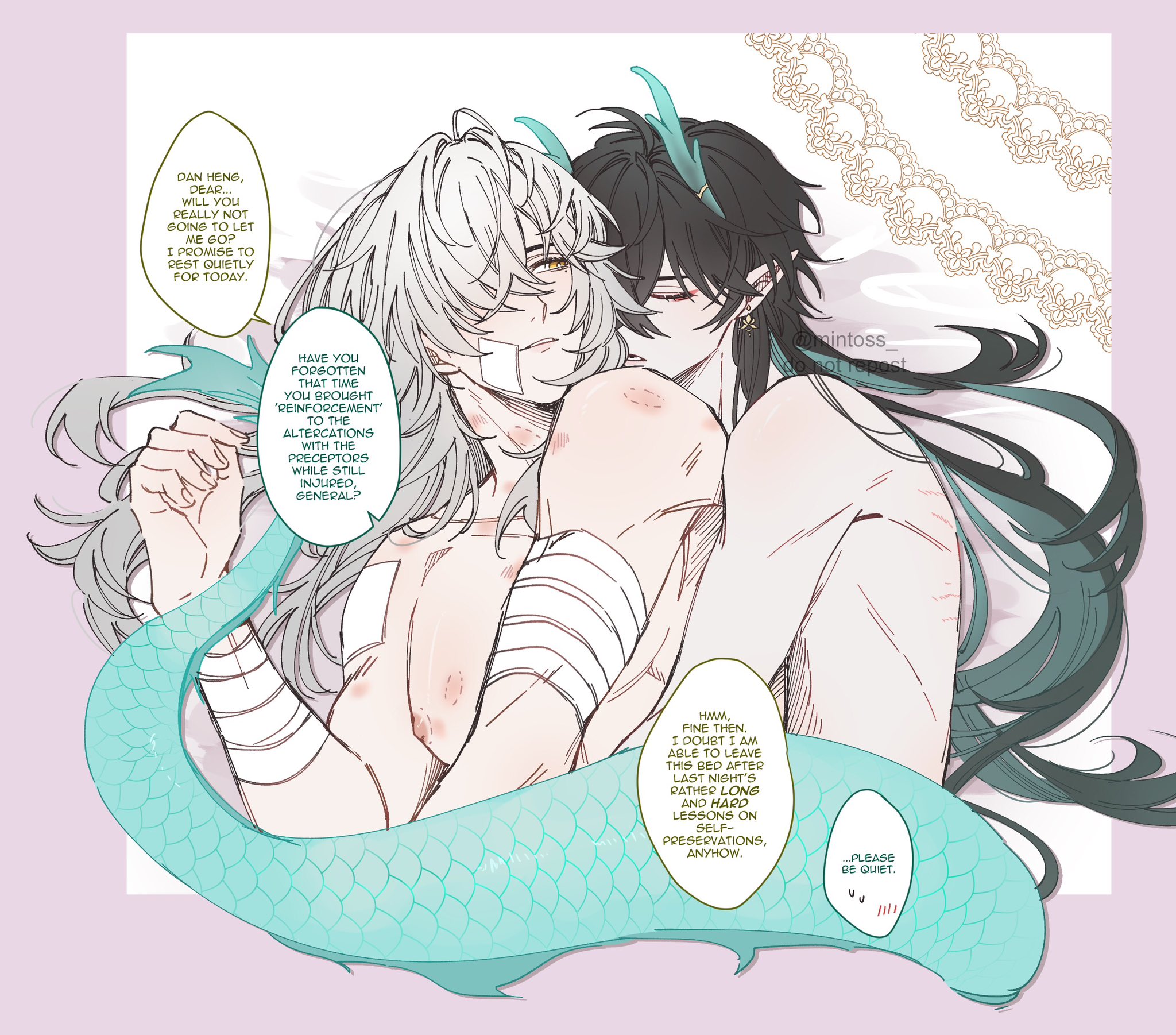 the image is a digital illustration of two anime boys in a romantic embrace. the image is drawn in a soft, delicate style with a focus on the characters' expressions and the warmth of their interaction. the background is a simple bed with a lace pattern.  the image conveys a sense of intimacy, care, and affection.  the scene suggests a tender moment between two lovers, possibly after an event that has left one of them injured.