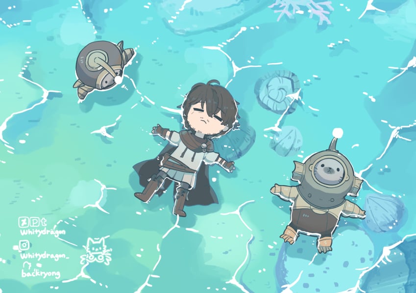 the image depicts a peaceful underwater scene with a human character gently floating on the surface. the character, dressed in simple adventuring garb, seems asleep with their arms and legs relaxed.  accompanying the human are two animal companions, also floating peacefully. one is a whimsical, round creature resembling a sea otter in a diving suit, and the other is a small, mechanical owllike being. the trio is surrounded by hints of the ocean floor—pale sand, scattered shells, and a glimpse of coral—all bathed in soft, diffused sunlight filtering through the water.