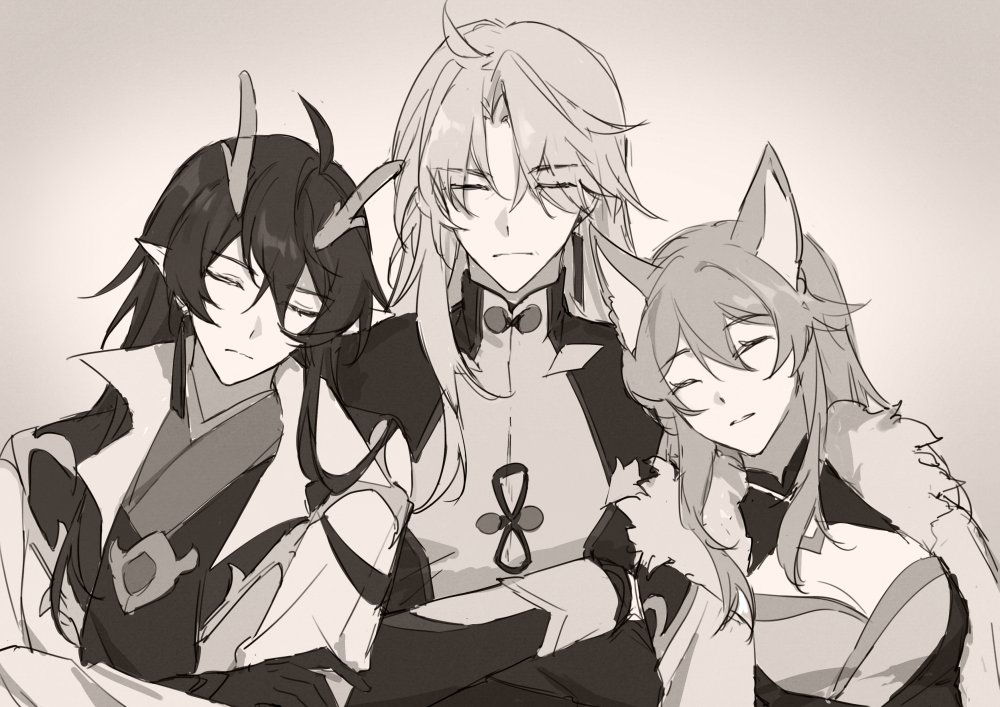 this is a black and white drawing of three anime characters. the characters are all laying with their heads resting on each other. the person on the left has black hair and is wearing a long white coat with black details. the person in the middle has long white hair and is wearing a dark coat with a light collar and light accents. the person on the right has long blond hair and is wearing a black and white coat with a furry trim. all three of them have their eyes closed and look peaceful.