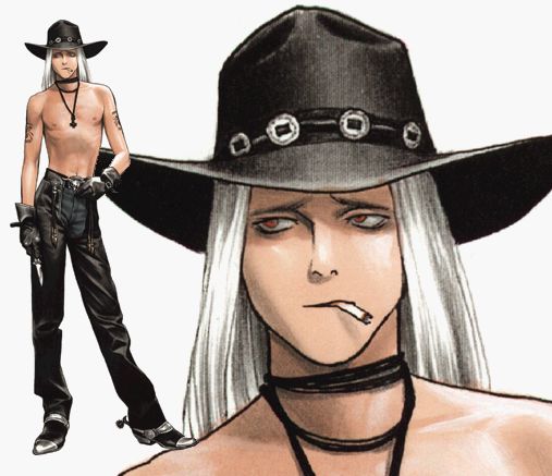 a digital illustration of a shirtless man with long white hair wearing a black cowboy hat. the man is smoking a cigarette and has a serious expression on his face. he is wearing black jeans and has a dark, edgy style.