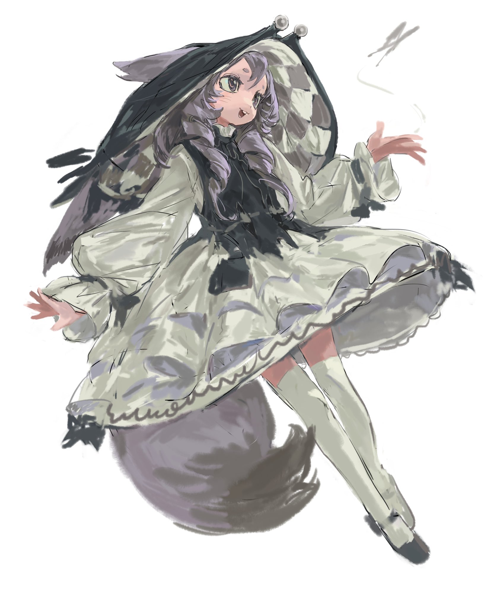 this is a digital drawing of an anime girl with long purple hair, wearing a white dress with a black hood. she has a large fluffy tail and looks like she's casting a magic spell. her face is looking over her shoulder and is slightly surprised.