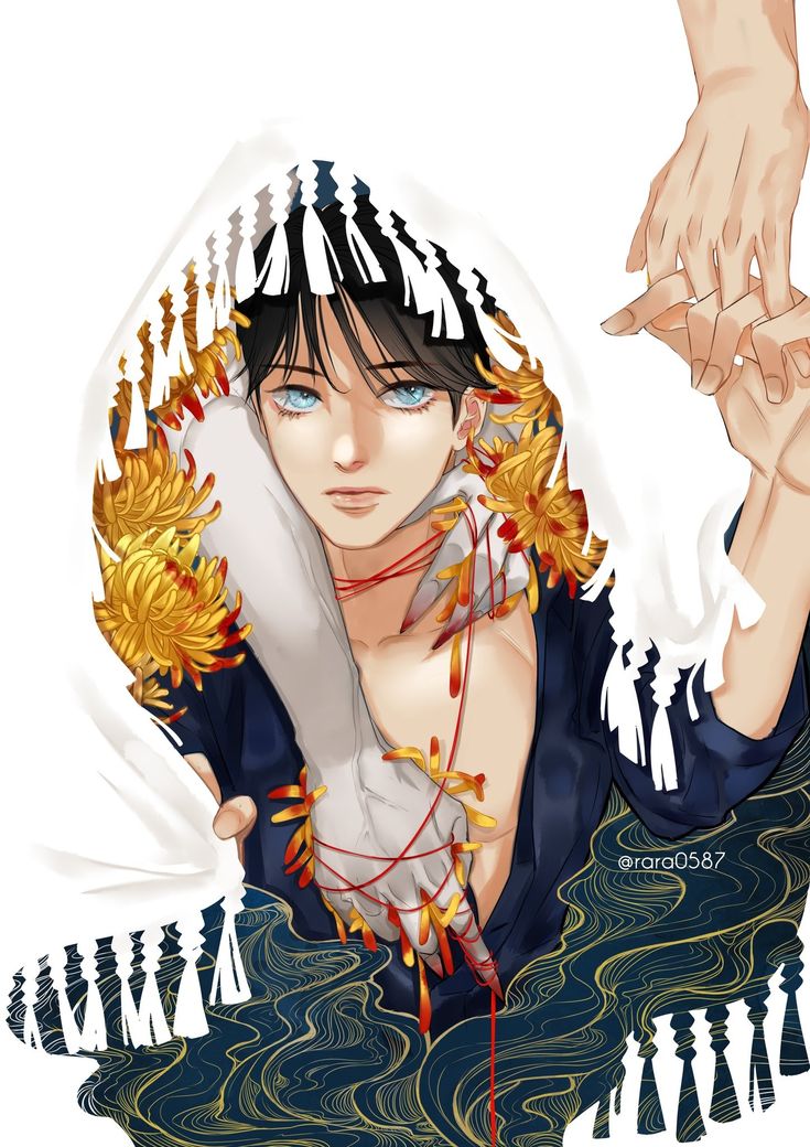 the image is a digital painting or illustration in an anime/manga style. it depicts a young man with dark hair, partially obscured by a white hooded garment adorned with golden chrysanthemum flowers and white tassels.  his expression is serene yet slightly melancholic. his arms are intertwined with another figure's, only showing pale, elegant hands, bound together by thin red strings that appear connected to the flowers. the background features a dark blue and gold pattern resembling flowing water or fabric. the overall aesthetic is ethereal and slightly mystical, with a strong emphasis on detail and color contrast. the artist's tag, @rara0587, is visible in the lower right corner.