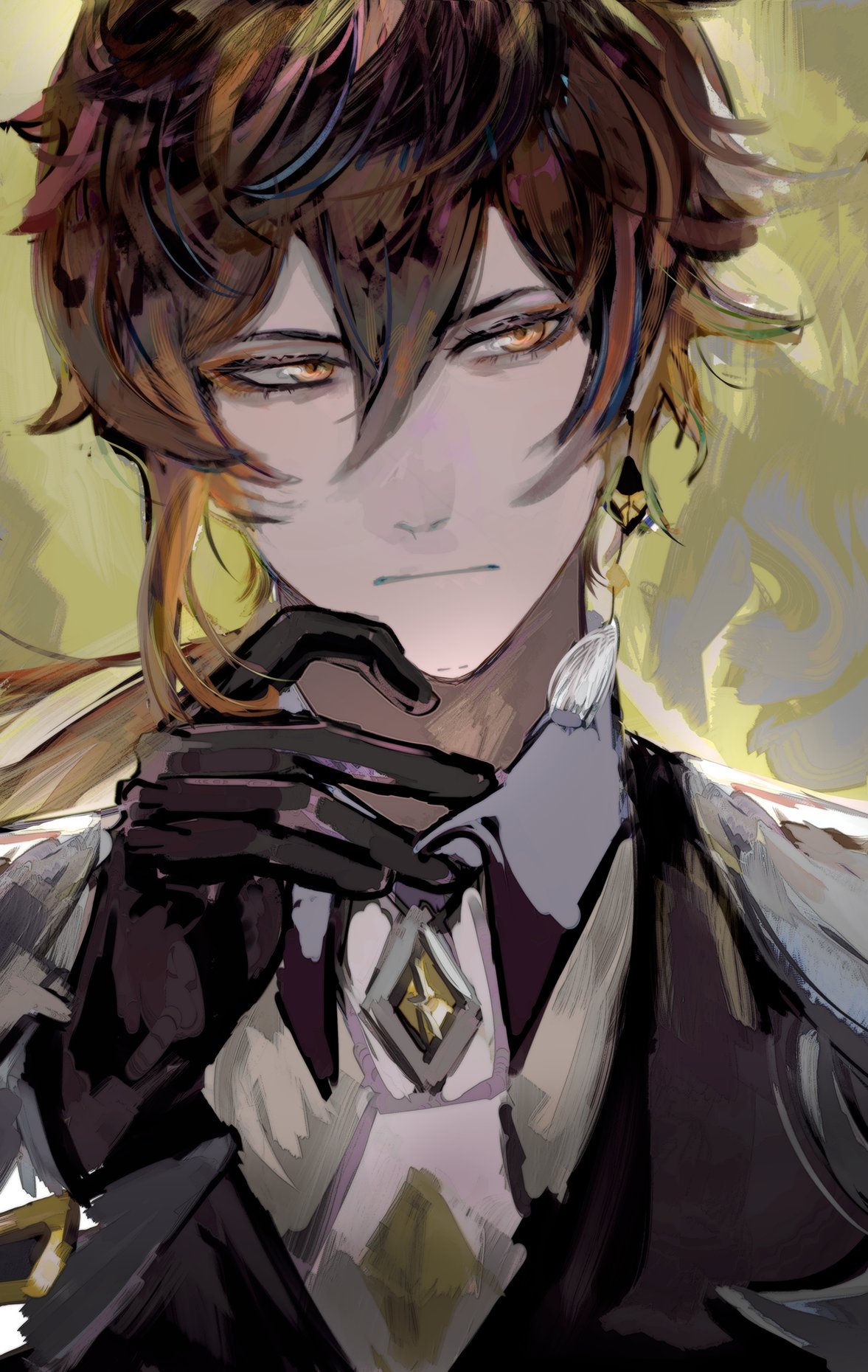 a close up portrait of a young anime boy with brown hair and a serious expression. he is wearing a black suit jacket, a white shirt, and a gold necklace. his right hand is held up to his chest, with his fingers pointed towards his chest. he has a black glove on his hand. his expression is serious and focused, and his eyes are filled with determination. the background is blurry, but it appears to be a white and gold patterned wall.