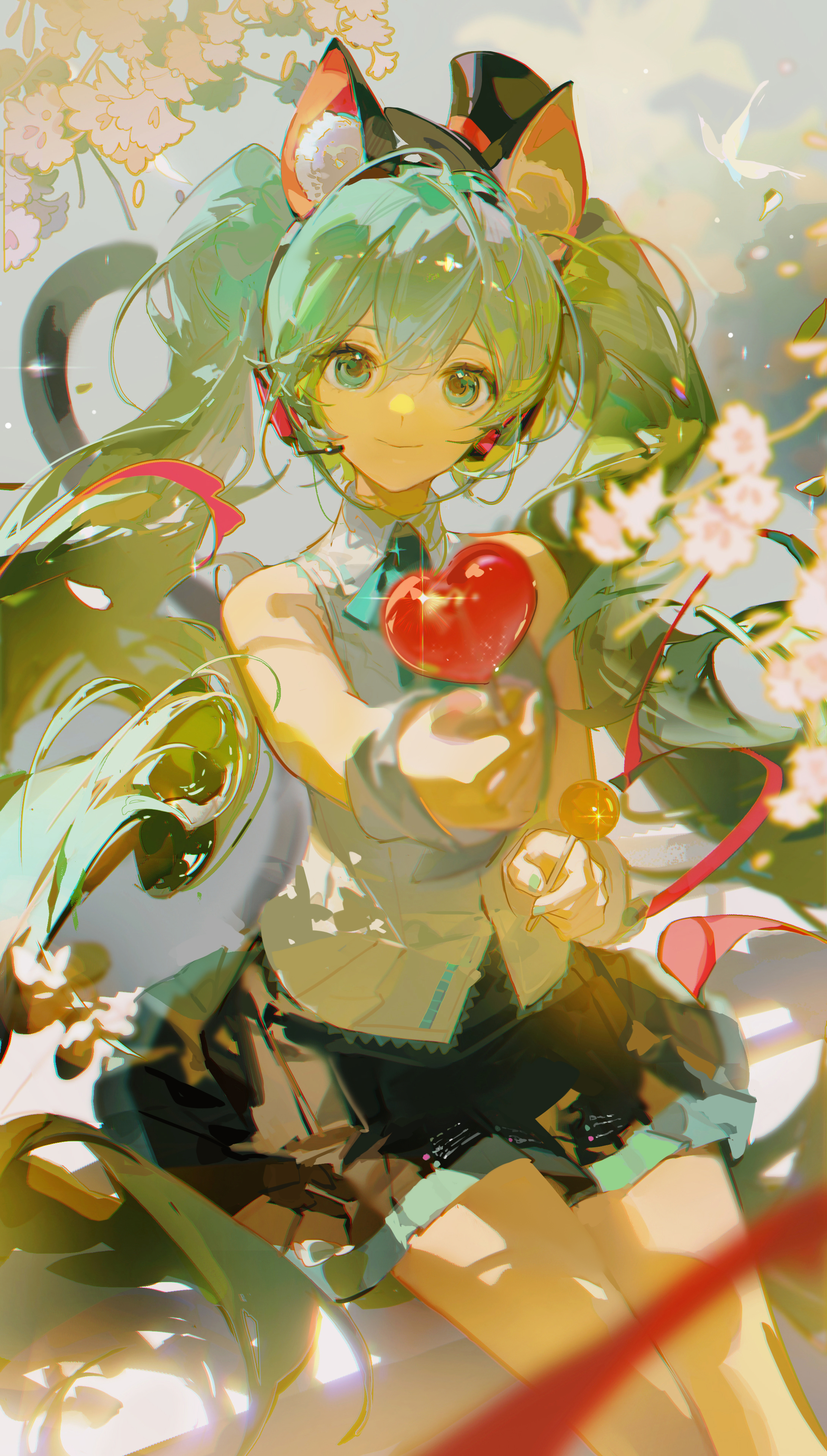 the image depicts hatsune miku, a popular vocaloid character, dressed in a white blouse, a black skirt, and cateared headphones. her vibrant green hair flows around her as she holds out a red heart candy towards the viewer. she is surrounded by blooming flowers and lush greenery, suggesting a springtime setting. the background features a soft focus effect and the overall lighting gives the image a warm and inviting atmosphere.