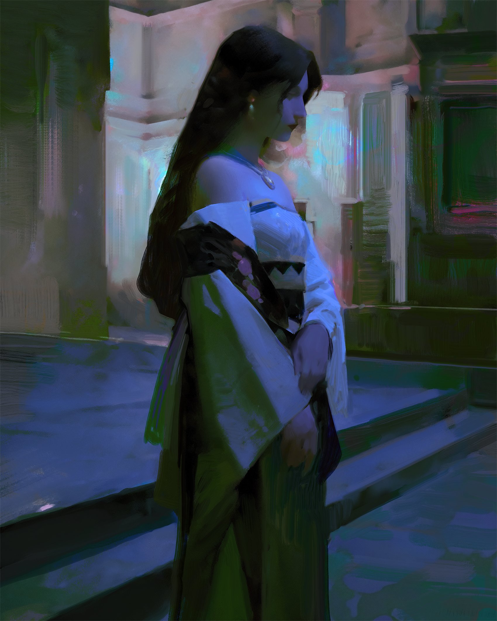 a digital painting depicting a woman in a long, dark robe, standing in a dimly lit doorway. her long, dark hair cascades down her back, and she looks down with a pensive expression. the painting has a mysterious and melancholic atmosphere, with soft lighting and a palette of blues, purples, and greens.