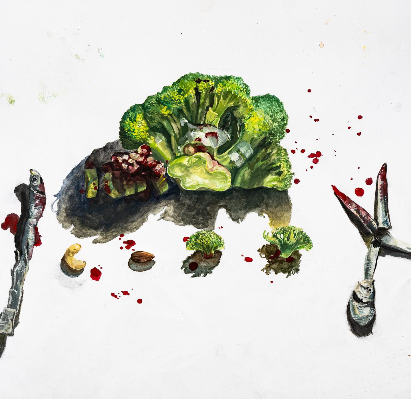 the watercolor painting presents a surreal and slightly macabre still life. a large head of broccoli is the central focus, appearing almost violently severed.  scattered around the broccoli are drops of red, suggesting blood, and smaller broccoli florets.  a small, dead fish, seemingly impaled, is alongside a dark, shadowy object that resembles a piece of meat or a dark vegetable.  two nuts, a cashew and an almond, lie nearby.  a pair of bloodstained scissors lies near the bottom, seemingly having been the instrument used to dismember the broccoli and the fish. the overall style is expressive, with bold colors and visible brushstrokes contributing to a chaotic yet controlled aesthetic. the shadowing beneath the broccoli adds depth. the scene creates a feeling of unease or a dark commentary on food production or consumption.
