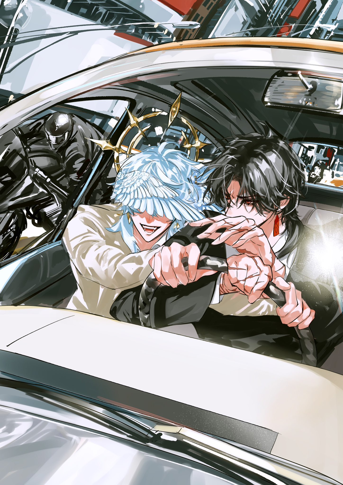 the image shows two anime characters driving a car through the city. the driver in the front seat has black hair and is wearing a black shirt, while the passenger in the back seat has white hair and a white shirt. they are both smiling mischievously.