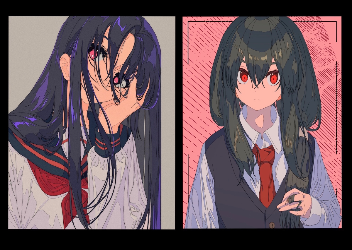 he image showcases two distinct animestyle female portraits. both figures are depicted in school uniforms, one in a more traditional sailorstyle uniform and the other in a vest and tie ensemble.  their long dark hair contrasts with their bright red eyes. the art style is modern, with a blend of soft and sharp lines, exhibiting a stylistic approach characterized by stylized hair and subtle shading.  the background behind each girl differs; one has a muted grey tone, while the other is set against a pink background with a textured overlay. the overall mood is somewhat melancholic, suggested by the girls' expressions and poses.