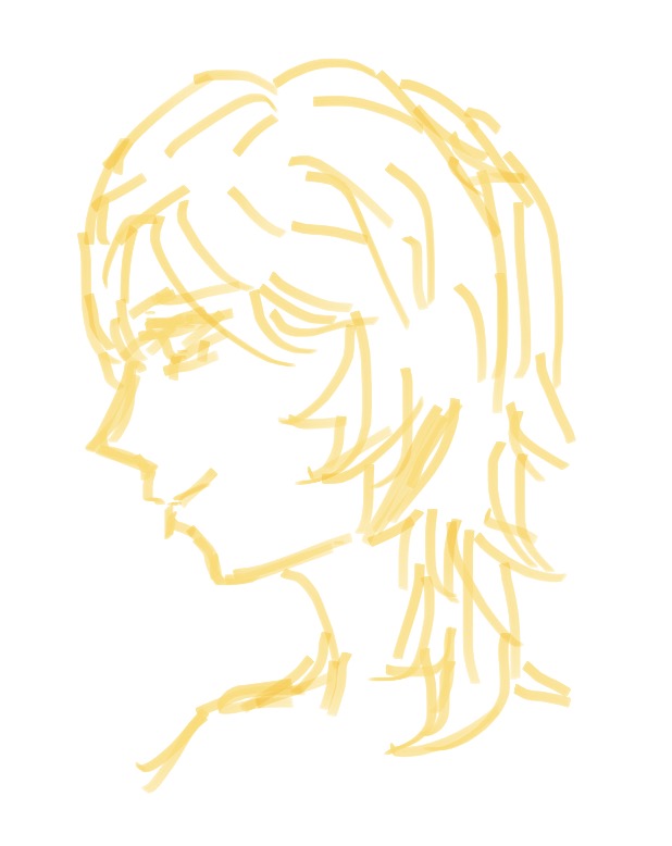 the image is a simple, handdrawn sketch or illustration of a person's profile.  the style is minimalist, using light yellow lines to depict a face with shoulderlength blond hair.  the lines are somewhat uneven and informal, giving a casual and quicksketch feel.  the drawing focuses on the overall shape and form, rather than precise details.