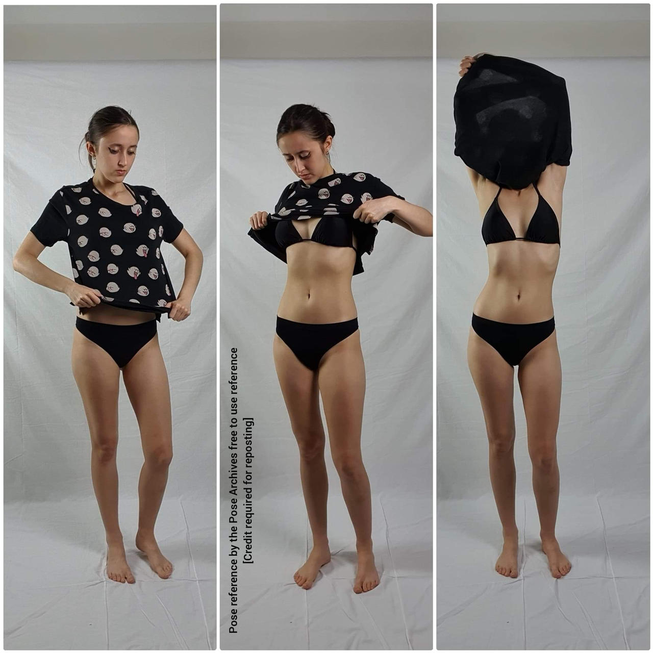 a triptych of photos featuring a woman against a white backdrop.  she is shown in three sequential poses: first, wearing a black and white polka dot shirt and black bikini bottoms, starting to lift her shirt; second, with her shirt partially removed, revealing a black bikini top; and third, with her shirt completely off, revealing her full torso in the bikini.