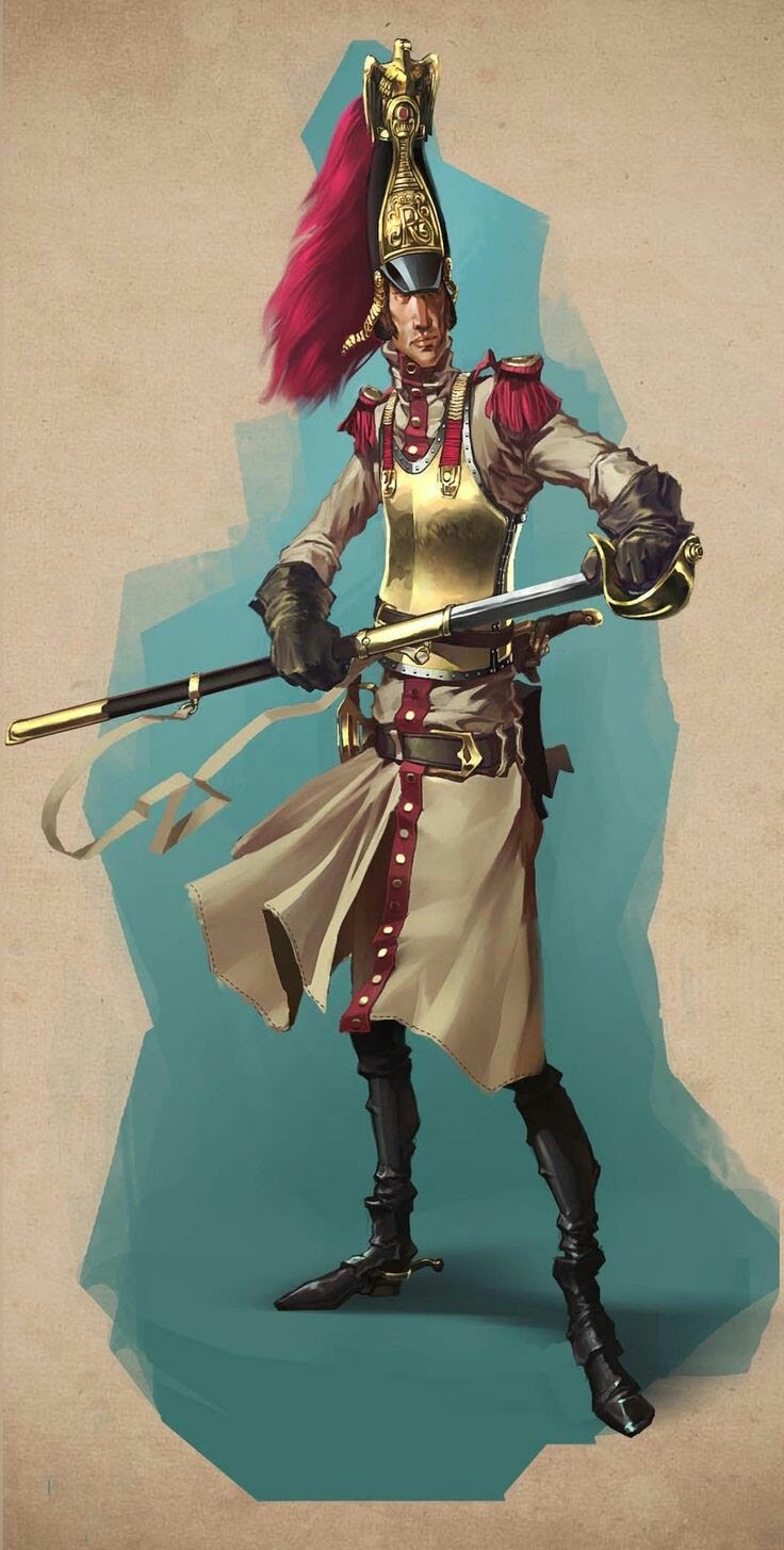 a digital painting depicting a french grenadier from the napoleonic wars. the soldier is wearing a full uniform, including a tall shako with red plumes, a white coat with gold trim, and a red sash. he is holding a musket in his right hand and a sword in his left. the background is a light blue, giving the image a dramatic feel.