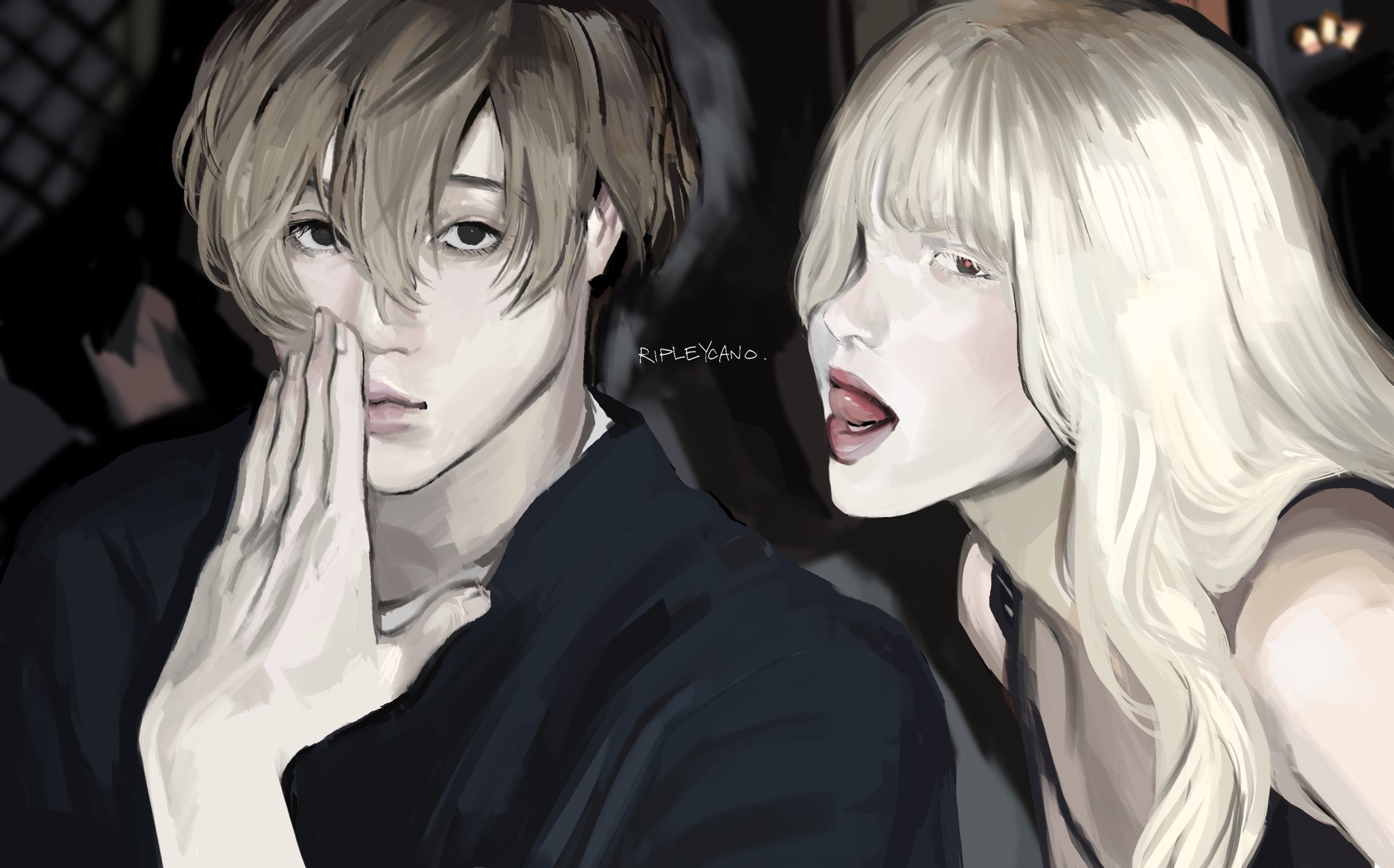 this is a digital illustration of a young couple, a boy with brown hair and a girl with white hair. the boy is wearing a black shirt, his hair is parted to the side, and he's looking to the side, with his hand to his mouth and looking serious. the girl is wearing a black shirt, her hair is long, and she's looking at the viewer with a playful smile, her tongue out and her lips red.