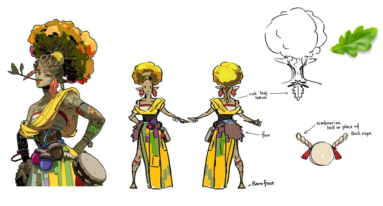 this image features a character design of a female character, likely an elf, who is dressed in a yellow and green outfit that is inspired by nature. the character has a large, bushy hairstyle made of leaves and branches and a tattoo of an oak leaf on her neck. she is holding a tambourine, which is a musical instrument often associated with nature and the forest. the character is barefoot and is adorned with various colorful details, such as fur and acorns.