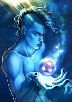 the illustration showcases a male figure with striking blue skin submerged in an underwater environment. he is holding a glowing orb, suggesting he possesses magical abilities.  the dramatic lighting creates a spotlight effect, focusing attention on the man and his mystical power.
