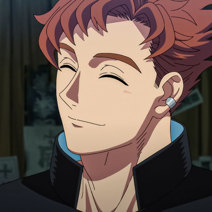 a closeup portrait of a male anime character with red hair, wearing a black jacket and a blue shirt. he is smiling and has a silver earring in his left ear. the background is blurred and out of focus. the character appears to be happy and friendly. he is likely a student, wearing a school uniform.