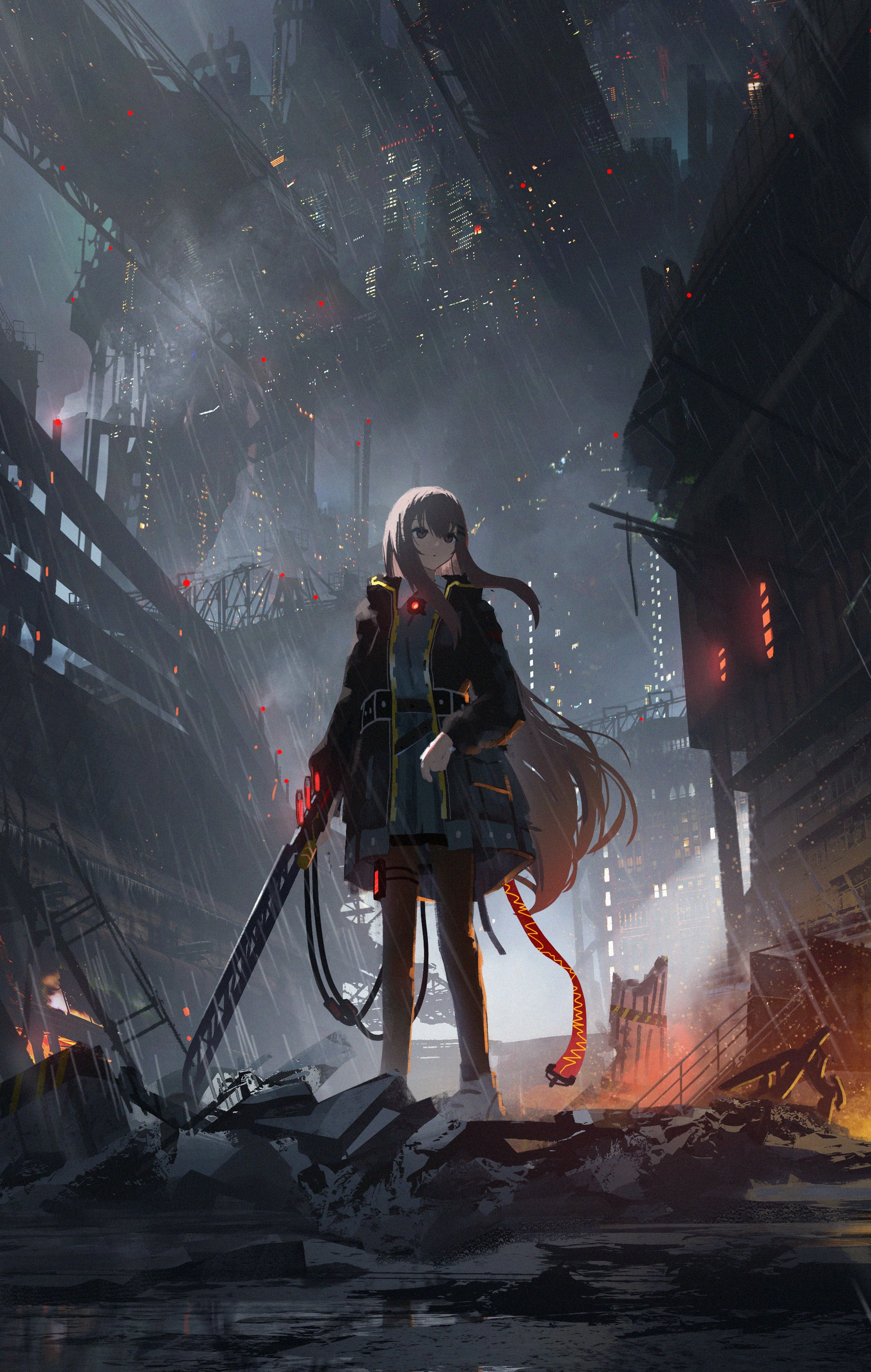 a lone girl with long, flowing hair stands amidst the rubble of a destroyed city. the cityscape is filled with crumbling buildings, smoke, and fire. the girl holds a large futuristic weapon, radiating red light, suggesting a sense of danger and action. the low angle perspective emphasizes the scale of the destruction and the girl's determination. the dark and atmospheric lighting creates a dramatic and dystopian mood. the overall aesthetic suggests a cyberpunk or postapocalyptic world.