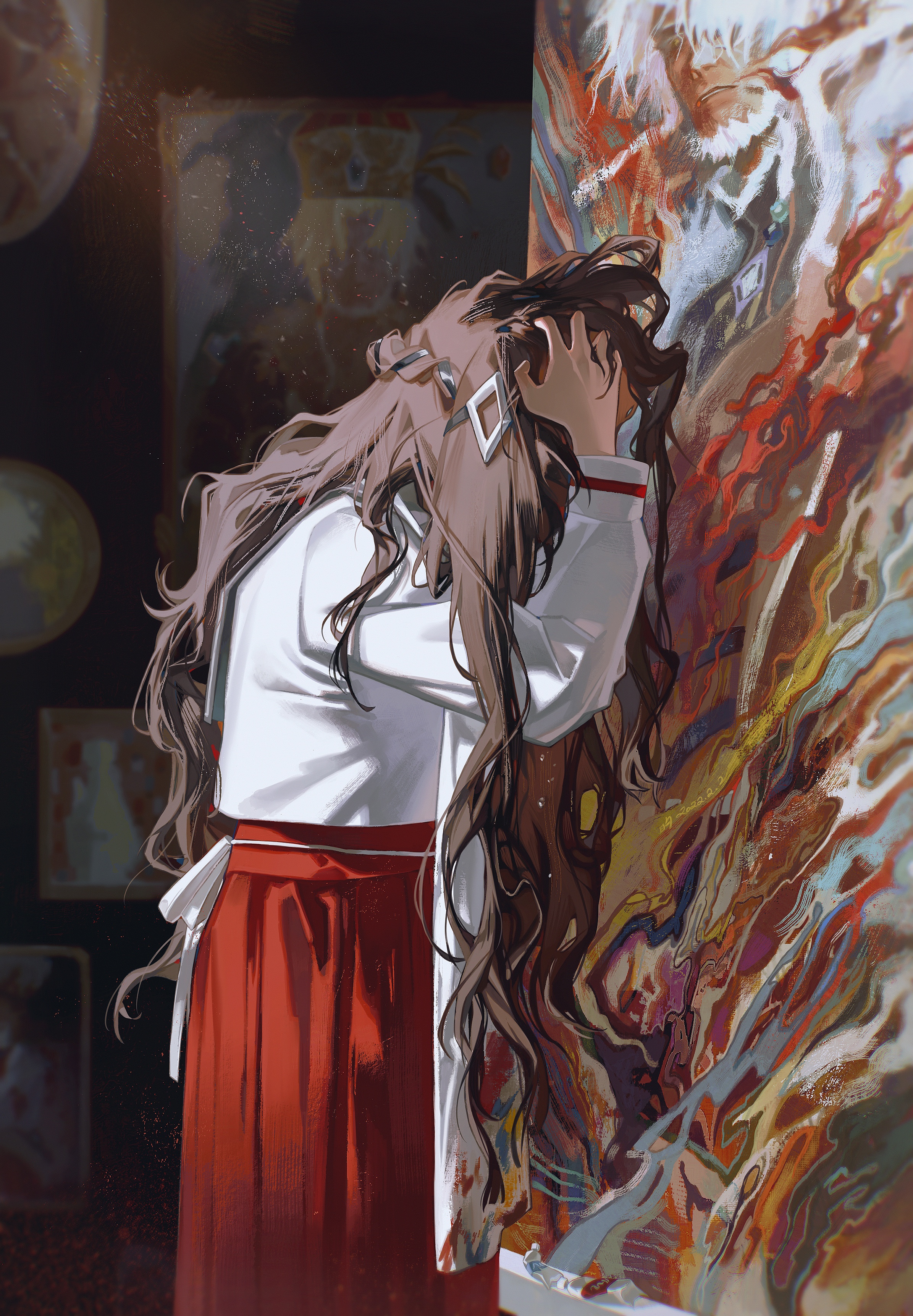 the image is a digital painting that depicts an anime girl with long brown hair. she is dressed in a white shirt and a red skirt. she is standing in front of an abstract painting, with her head down and her hand in her hair. the painting behind her is a colorful abstract painting, with lots of swirls and colors. the girl's pose and expression suggest that she is sad or depressed. the painting behind her could be symbolic of her emotions.