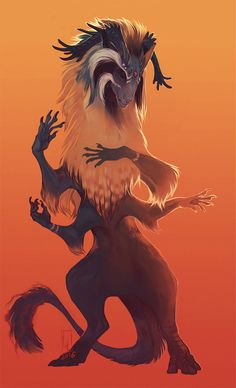 a digital painting depicts a fictional creature, likely a monster or animalistic being from a fantasy world. the creature is quadrupedal, with a slender body and a long, curving tail. it has four arms, two on each side of its upper torso, which end in delicately rendered hands. the head is vaguely lupine or canine, with dark fur and sharp features, and a mane of long, flowing hair in shades of gold and white. the background is a gradient of warm orange and red, creating a sense of warmth and highlighting the creature's form.