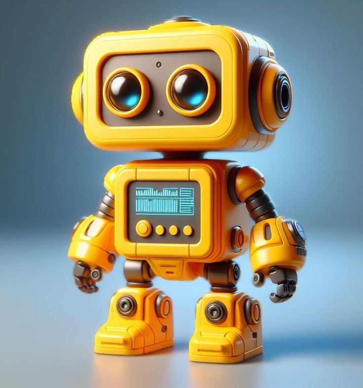 a cute, yellow toy robot with blue eyes and a blue screen on its chest stands on a gray surface. it has a friendly, playful expression and seems to be ready for an adventure. the robot is designed in a cartoonish style, giving it a playful and approachable look.