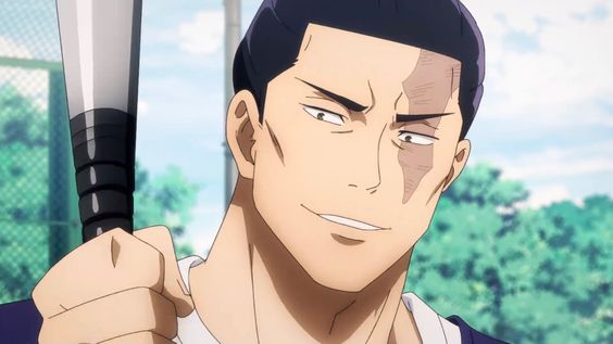 a closeup portrait of an anime man holding a baseball bat. he has a smug look on his face and a scar over his right eye. he has dark hair and tan skin and is wearing a white shirt. the background is blurred and appears to be trees and a blue sky.