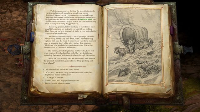 the image is a screenshot from a fantasy game. the book is open to a page that has two sections, the left section is text and the right section is an illustration. the text section describes a situation where the player character needs to help a group of gnomes save their cart from sinking in a river. the illustration depicts a cart with gnomes inside sinking in a river. the player has five choices to help the gnomes, listed at the bottom of the text section.