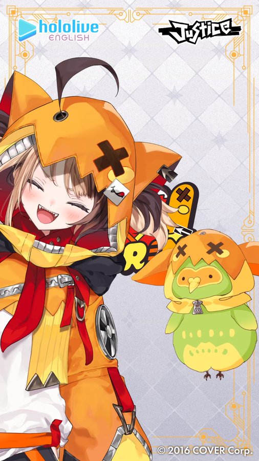 a digital illustration of a cute anime girl wearing an orange hoodie. she's smiling happily with her eyes closed. next to her is a green, yellow, and orange owl plushie. in the top left corner is the hololive english logo, and in the top right corner is the word "justice." the entire image is bordered with a gold decorative frame.