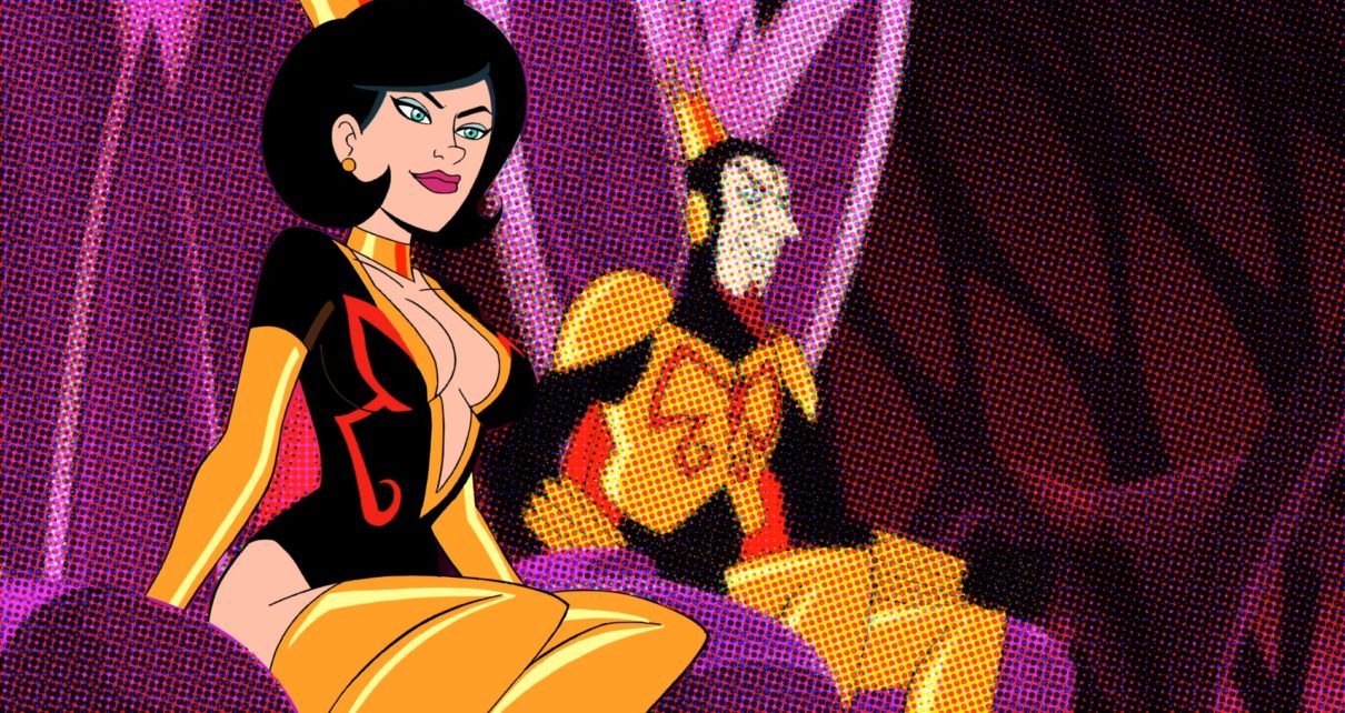 the image shows a still from the animated television series "the venture brothers" featuring dr. mrs. the monarch, a female character in a black and yellow bodysuit with red accents, and the monarch, a male character in a black and yellow supervillain costume, sitting behind her in a pop art style background with purple and black dots.