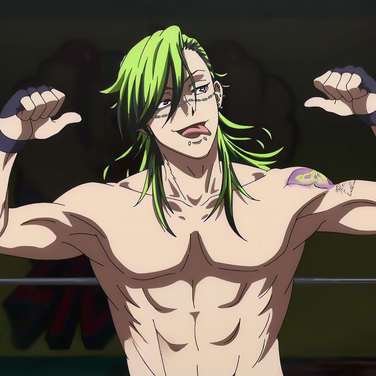 this image features a shirtless muscular anime male character with green hair. he is posed proudly with his arms raised, showing off his muscled physique. he has a tattoo on his shoulder and a series of piercings on his left ear. he appears to be a wrestler or fighter. the backdrop is a blurry sports arena.