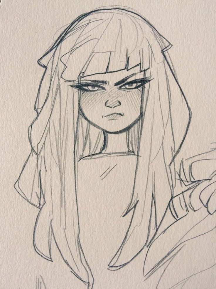 a hand drawn pencil sketch of a young woman with long dark hair and bangs. she is looking at the viewer with a serious expression and her eyes are narrowed. she appears to be angry or upset. she has a hood or cloak drawn up around her head. the drawing is done in black and white on a white background.