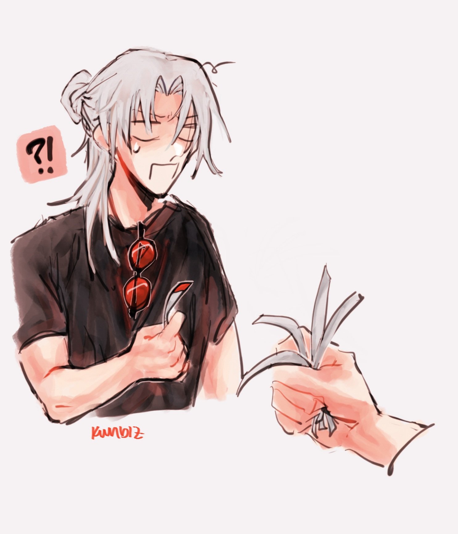 the image shows a  surprised anime boy with white hair wearing sunglasses and a black tshirt, he is looking at a hand holding several blades in front of him. the boy is looking shocked and confused. the image is drawn in a comic style.