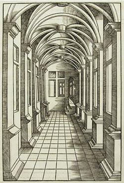 he image is a black and white engraving depicting a long, perspective hallway with a vaulted ceiling. the hallway is lined with columns and arches, creating a sense of depth and grandeur. the floor is tiled, and shadows are cast, enhancing the threedimensional effect. the style suggests a renaissance or gothic architectural design. the image shows mastery of linear perspective and rendering of architectural detail. the overall impression is one of elegance and precision.