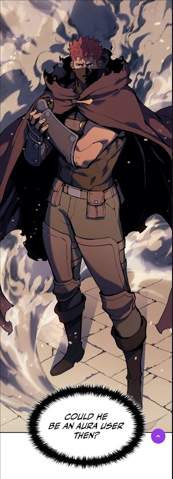 the image shows a man with red hair, black eyes, and a black cape. he is wearing a brown outfit and boots. he is standing in a fighting stance and appears to be powerful. his black cape is flowing in the wind and is surrounded by a white aura. the background is a misty blur of white and blue, making the character stand out.