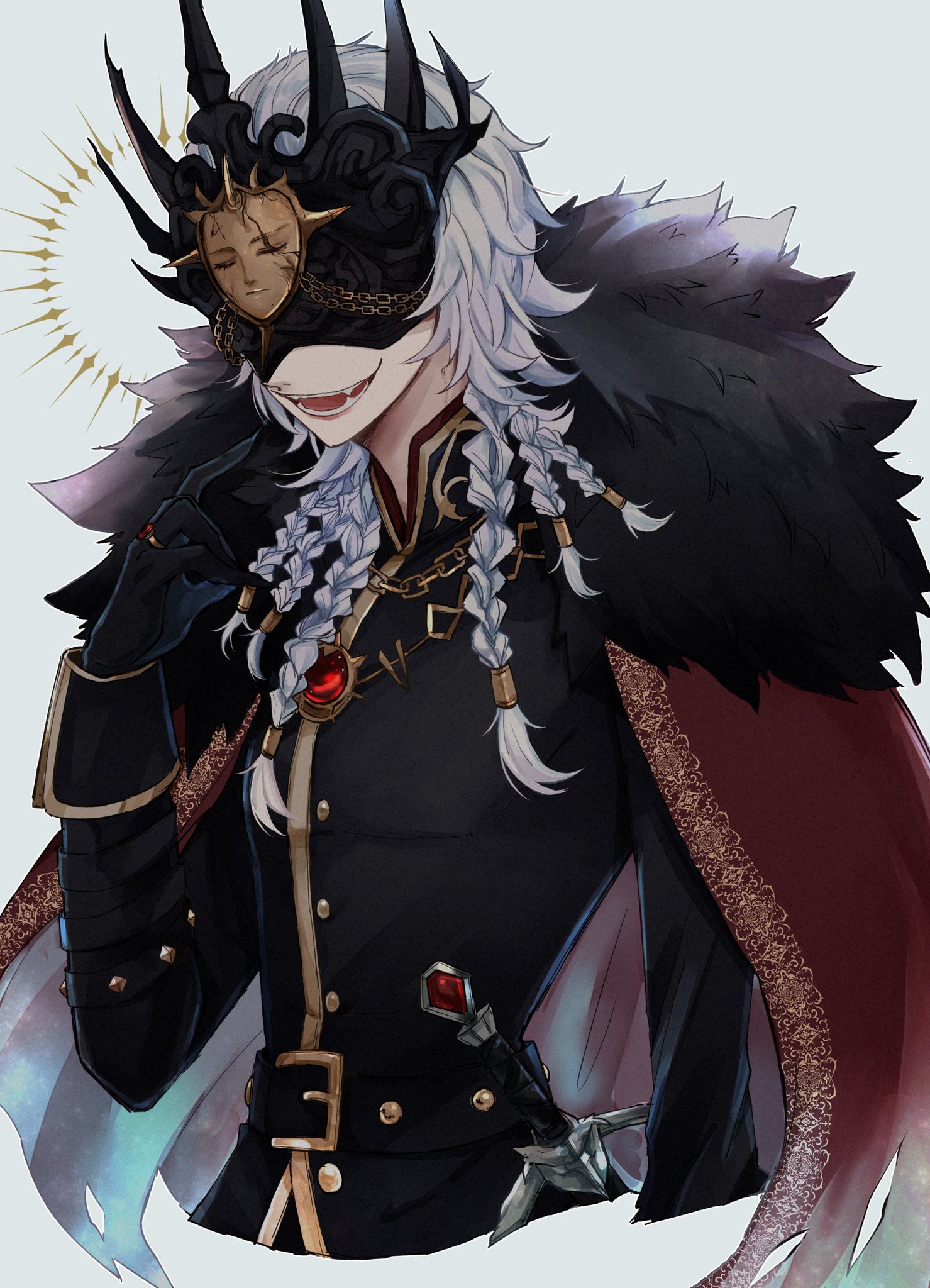 this is an anime style drawing of a male character with a black crown, a gold mask, and a black robe. the character is smiling and has white hair. there is a  red jewel on his chest and a sword on his hip. the drawing is done in a digital style with soft colors.