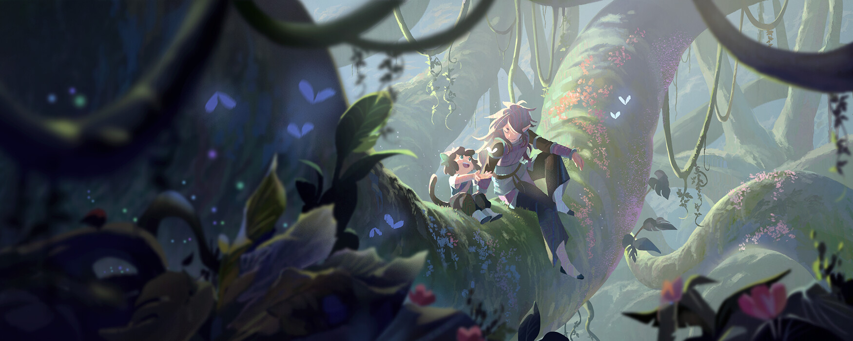 the image is a whimsical and magical scene from an anime or cartoon. two young girls, one a woman and one a child, are sitting on a large, vinecovered tree trunk in a lush, magical forest. the forest is full of vibrant colors and glowing lights, creating a mystical and ethereal atmosphere. the girls are smiling and looking at each other, suggesting a close bond and happy connection. the image evokes a sense of wonder and enchantment, inviting viewers to imagine a world filled with magic and possibility.
