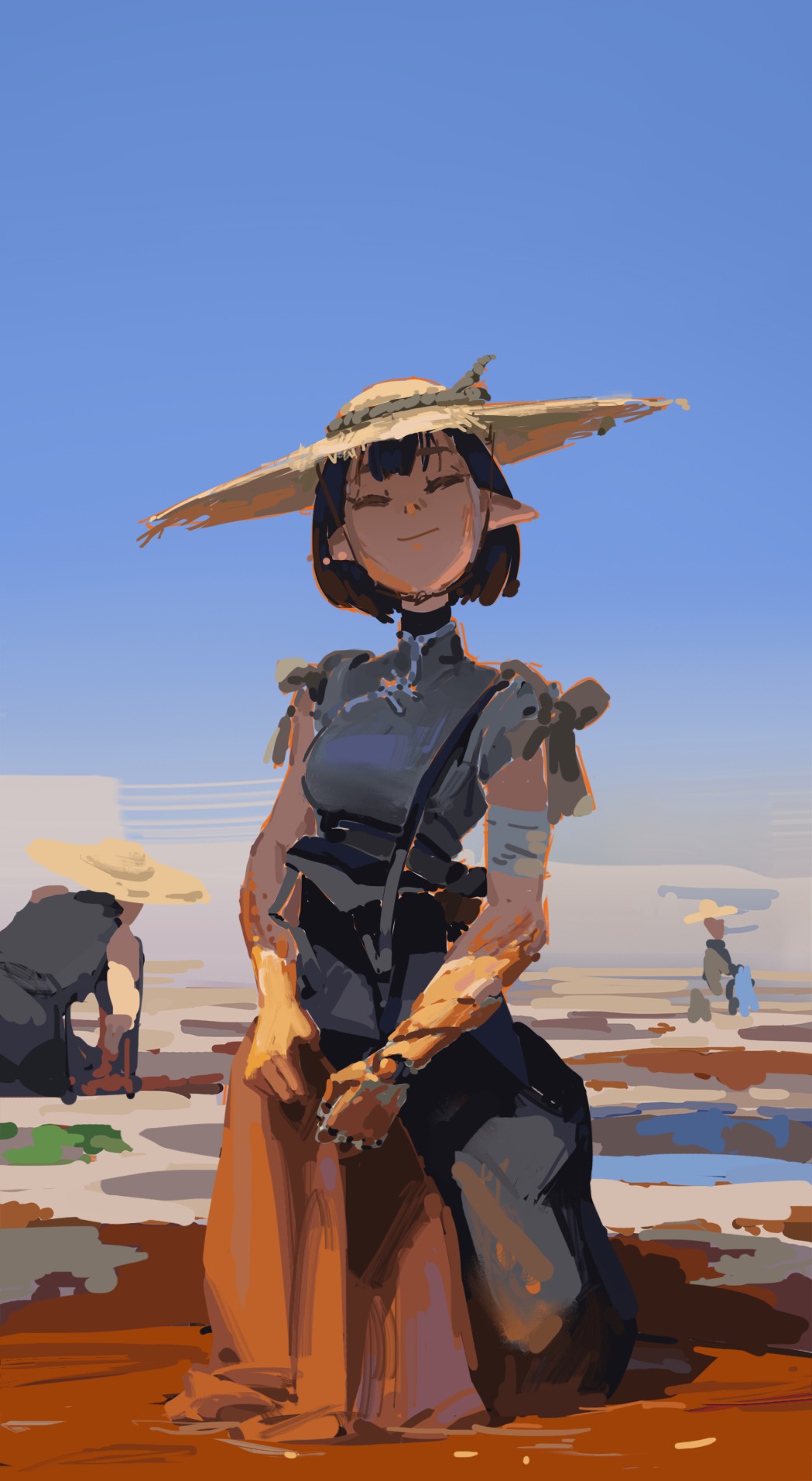 the digital painting depicts a fantasy character, possibly an elf, standing in a desert landscape under a clear blue sky. the character is female, with short dark hair, and is wearing a widebrimmed straw hat, a darkcolored dress or overalls, and a long orange robe or cloak.  the style is painterly and expressive, with visible brushstrokes and a muted color palette of earth tones and blues. in the background, there are small, indistinct figures suggesting a sense of solitude for the main character. the overall mood is peaceful and somewhat whimsical.