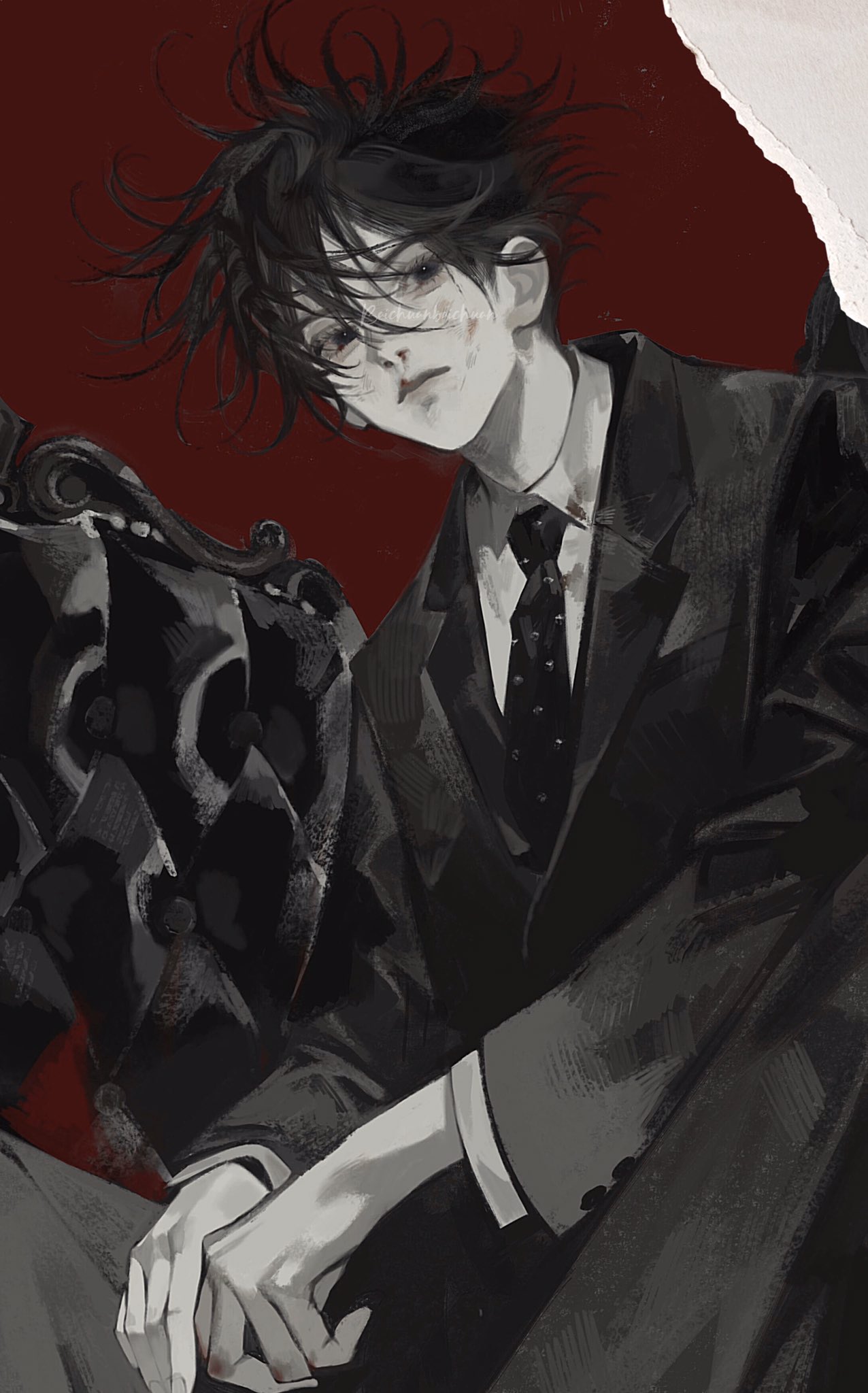 a digital painting of a handsome anime male character in a formal suit, sitting in a chair against a red background. he has dark hair and eyes, and is wearing a black suit with a black tie. his expression is serious and mysterious. he is surrounded by shadows and has a cool style.