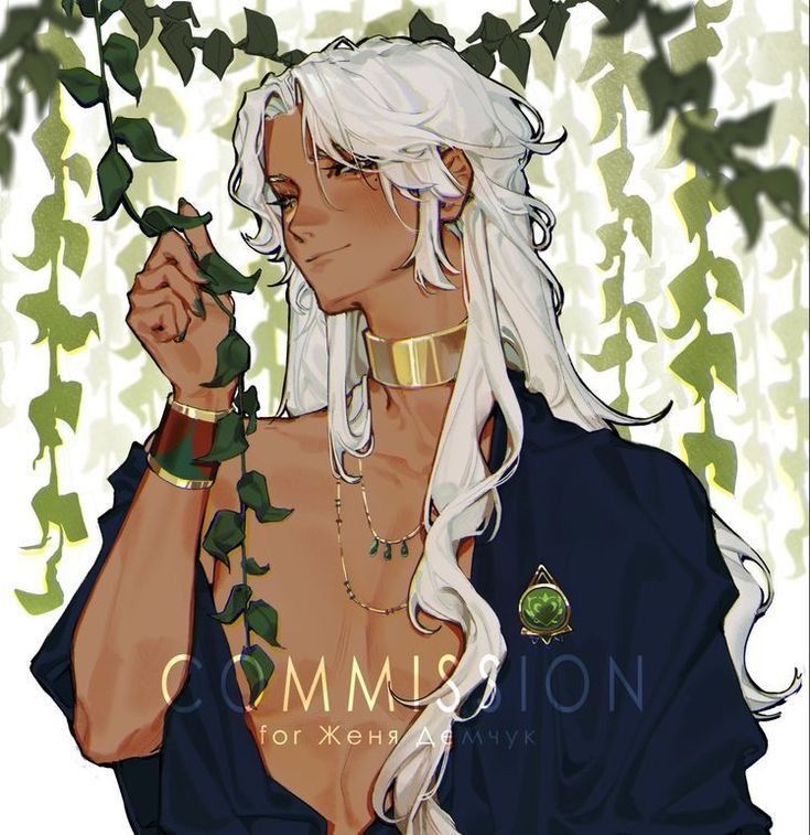 the image is a digital painting of a stylized animestyle male character. he has long, flowing white hair, tan skin, and is adorned with several gold necklaces and bracelets.  he wears a dark blue robe, and some green vines with leaves drape around him and partially obscure his chest. the background is a light color with stylized green vines.  the artwork is labeled "commission" and credits a person named "жения аемук". the overall style is elegant and emphasizes the character's beauty and grace.