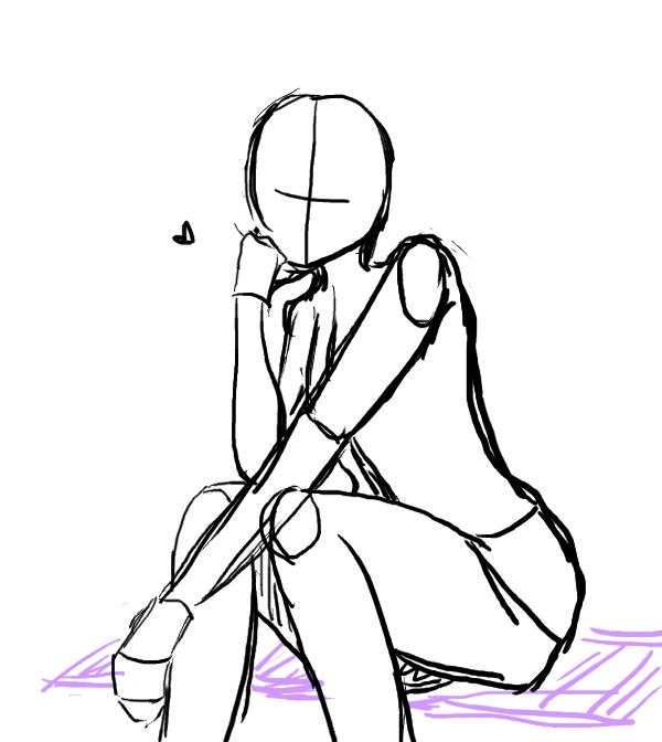 a simple black and white sketch of a cartoon woman sitting with one hand on her chin. this is a basic outline and template for an anime or manga character.