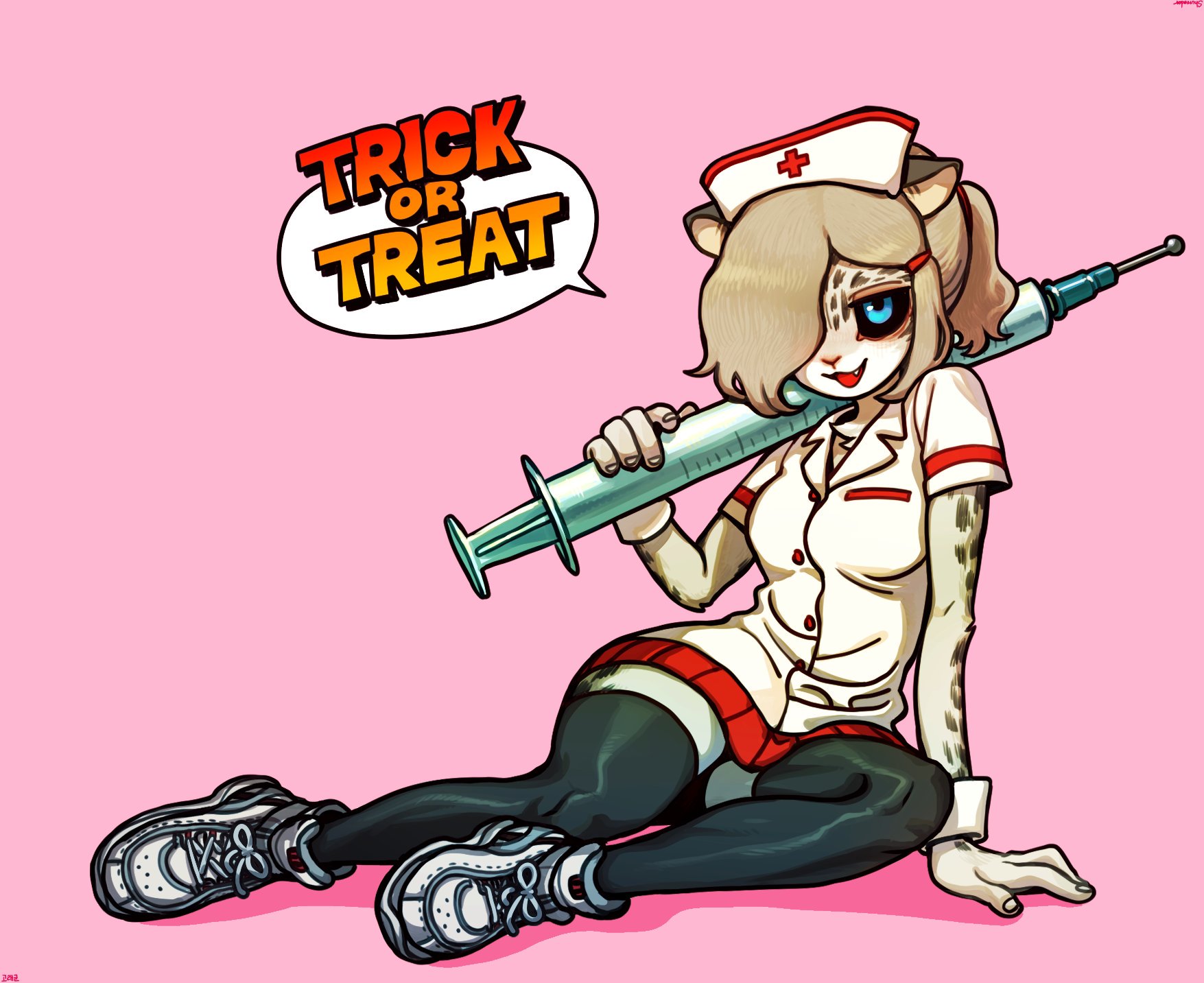 a cute anthro cat girl dressed as a nurse with a large syringe. she is wearing a white nurse uniform with a red cross on her hat. the cat girl has blonde hair and blue eyes. she is holding the syringe in a playful manner and looking at the viewer. the background is pink. there is a speech bubble above her head that says "trick or treat".