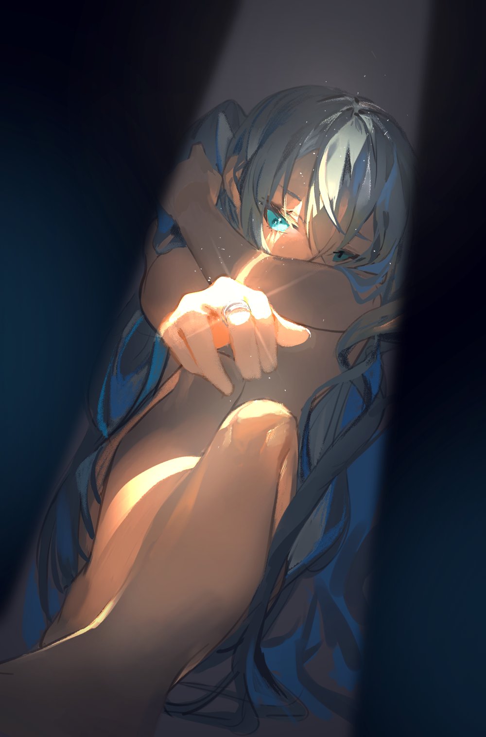 the image is a digital painting of an animestyle girl with long white hair. she is crouched down, her face partially hidden by her arms and hair. a single spotlight illuminates her, highlighting her light skin and teal eyes. she appears sad or pensive.  she is wearing a dark blue garment.  her hand is shown prominently, holding a ring. the background is largely dark, emphasizing the figure in the light. the overall mood is somber and mysterious.