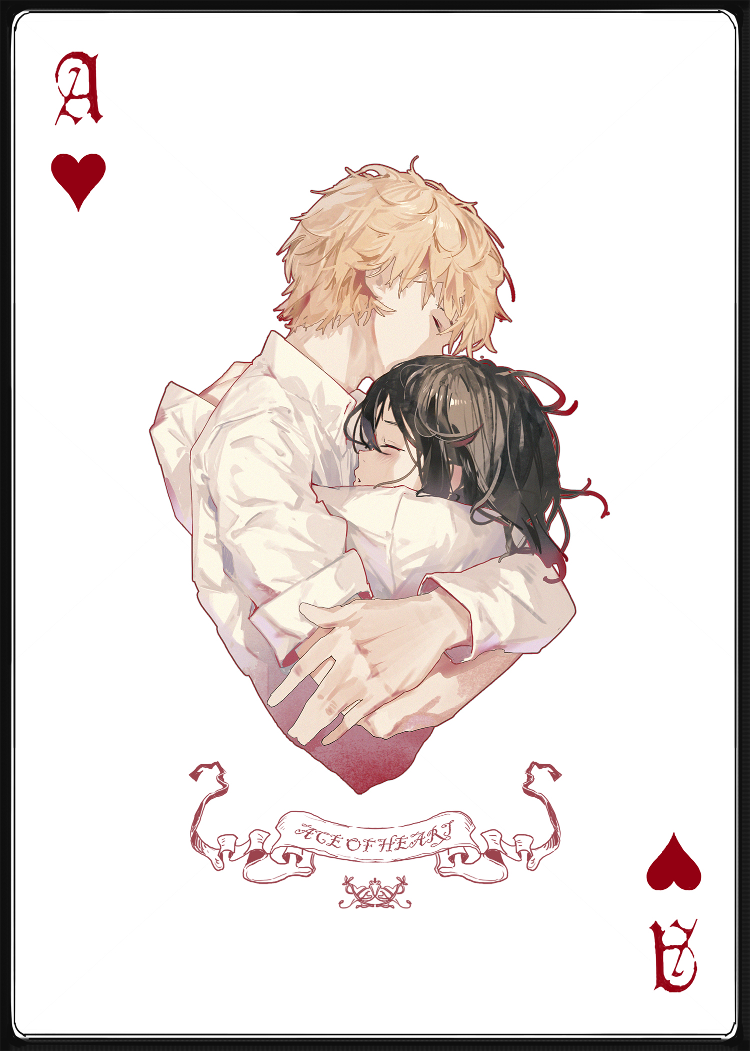 this is a digital art illustration of an ace of hearts playing card. the background is white, and the card itself is a standard playing card size and shape. the ace of hearts is displayed prominently at the top of the card. the card is decorated with a beautiful illustration of a young couple hugging, and the words "ace of heart" are inscribed in fancy cursive lettering just below them.