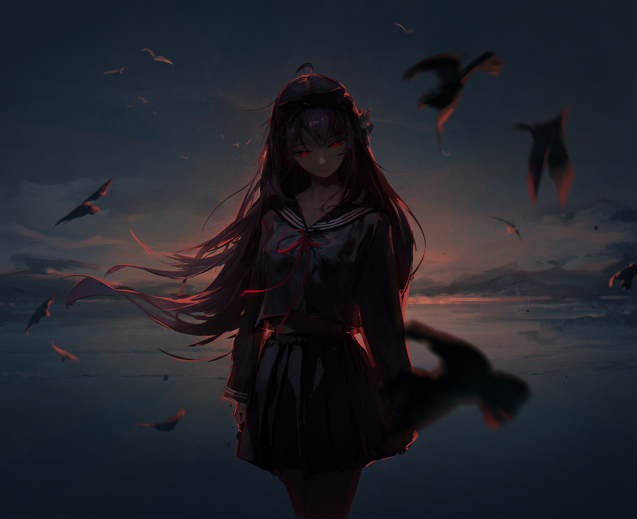 the image depicts an anime girl with long, dark purple hair that is blowing in the wind. she is wearing a darkcolored sailor uniform and has striking red eyes.  the setting is a dark, moody landscape with a muted sunset in the background. numerous dark silhouettes of birds fly across the sky, adding to the overall somber atmosphere. the overall style is dark and atmospheric, emphasizing the girl's solitary presence in the scene. the artistic style is digital painting, with soft brushstrokes and a focus on lighting and mood.