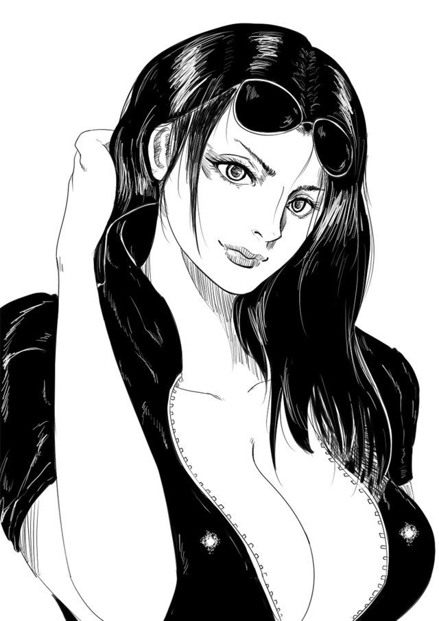 a black and white illustration of nico robin from one piece. she is wearing sunglasses on her head and a jacket with a low neckline, revealing cleavage.