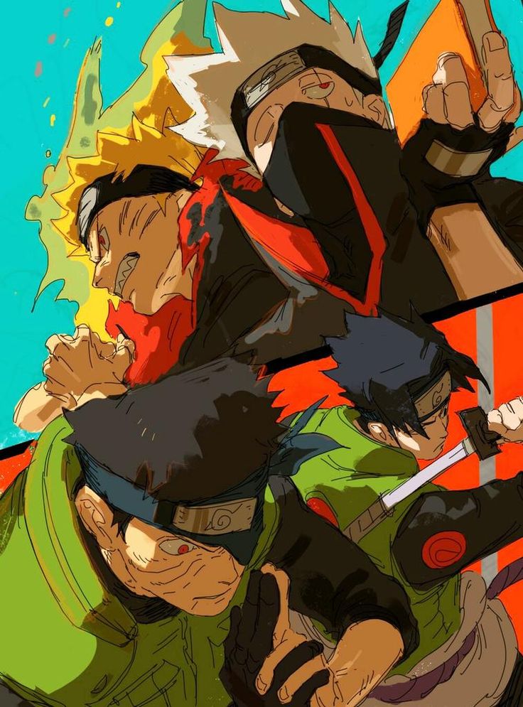 the image is of a scene from the popular anime/manga series naruto. it features three prominent characters: naruto, sasuke, and kakashi.  naruto is in the foreground with his distinctive yellow hair and headband, and he appears to be in a fighting pose, while kakashi is behind him, with his eye covered with a headband and a smirk. sasuke is in the background, with his dark hair and sharingan visible, he also appears to be in a battle pose. the image is filled with action and energy, with the characters' movements and expressions conveying their intensity and determination.  the image is set against a backdrop of swirling colors and streaks of light, suggesting the chaos and excitement of a ninja battle.