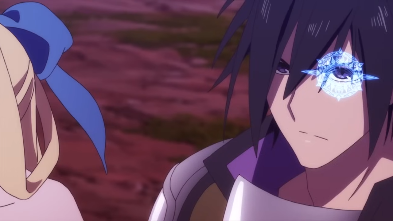 a closeup shot in an anime features a young man with dark blue hair and a determined expression. his right eye glows with a bright blue, circular design. to his left, partially obscured, stands a young woman with blonde hair and a blue ribbon. the setting appears to be outdoors, bathed in a soft, warm light.  the overall palette consists of soft pinks, purples, and blues.