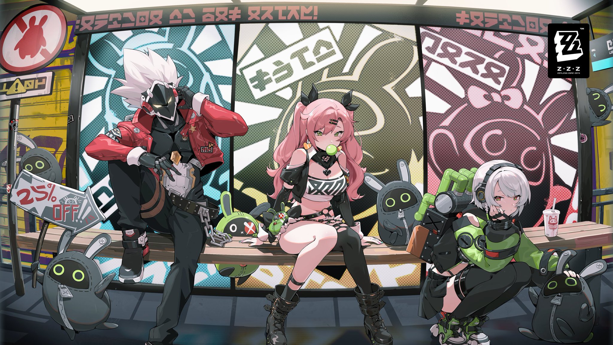three stylishly dressed anime characters are gathered at a bus stop adorned with bold graffiti in a vibrant, urban setting. the scene suggests a futuristic, cyberpunk world. two female characters and one male character, each with unique hairstyles and outfits, occupy the bench. the characters exude a cool and edgy attitude, reflecting a blend of streetwear and cyberpunk aesthetics.  the overall image is bright and eyecatching, with a slightly low angle that draws the viewer into the scene.